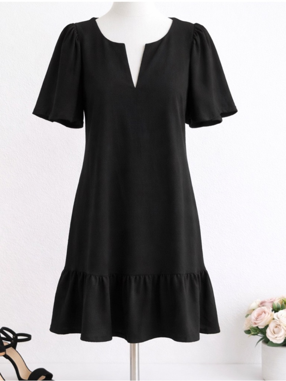J. Crew Black Notch-Neck Ruffle-Hem Mini Dress NWT